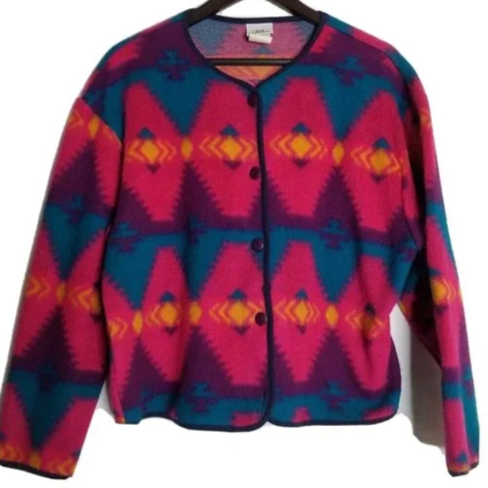 Vintage Southwestern Fleece Cardigan – Bold Aztec Print